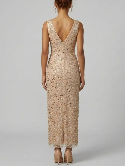 Blush Nude Embellished Sequin Maxi Dress with V-Neck - Dresses