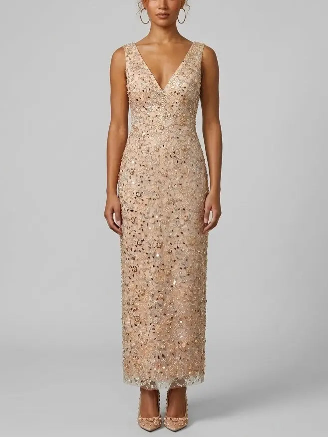 Blush Nude Embellished Sequin Maxi Dress with V-Neck - Small - Dresses