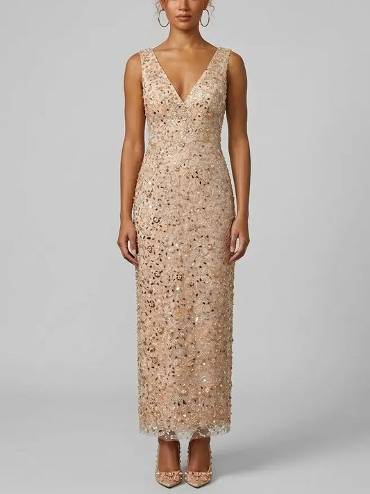 Blush Nude Embellished Sequin Maxi Dress with V-Neck - Small - Dresses