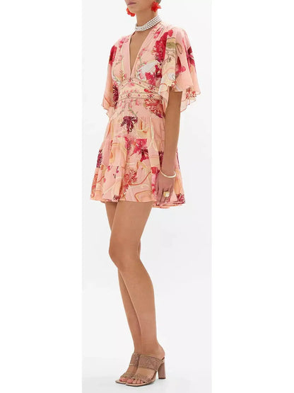 Blush Pink Floral-Printed Low-Cut Silk Mini Dress - Dresses