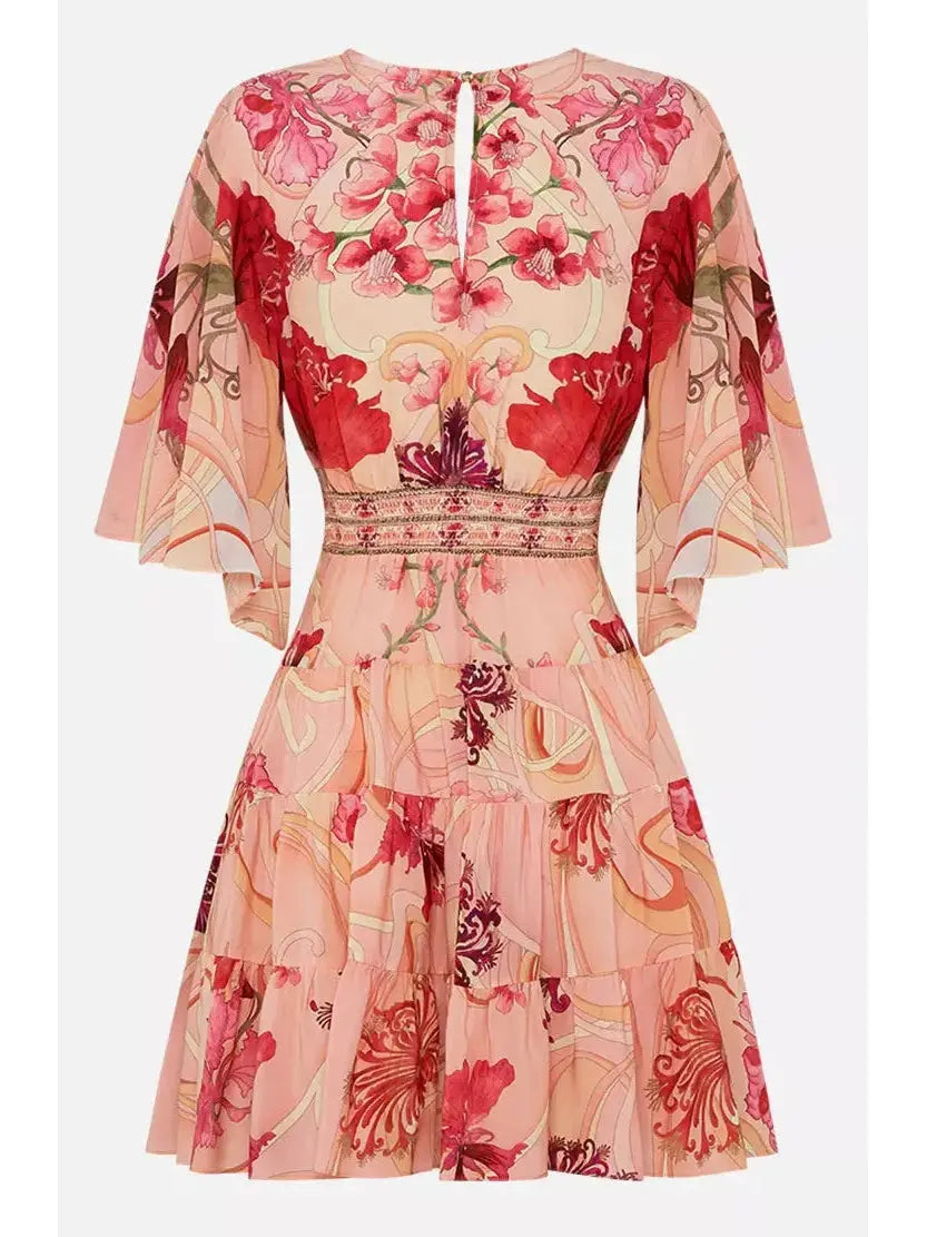 Blush Pink Floral-Printed Low-Cut Silk Mini Dress - Dresses