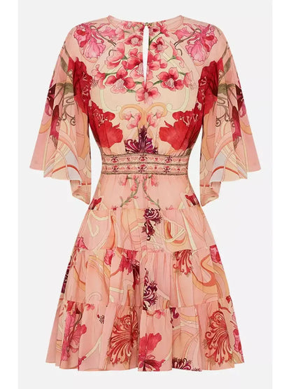 Blush Pink Floral-Printed Low-Cut Silk Mini Dress - Dresses