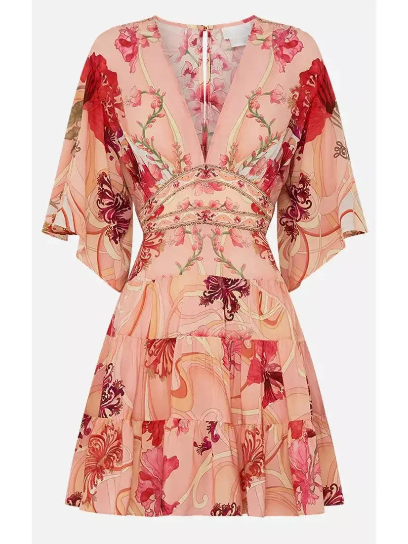 Blush Pink Floral-Printed Low-Cut Silk Mini Dress - Dresses