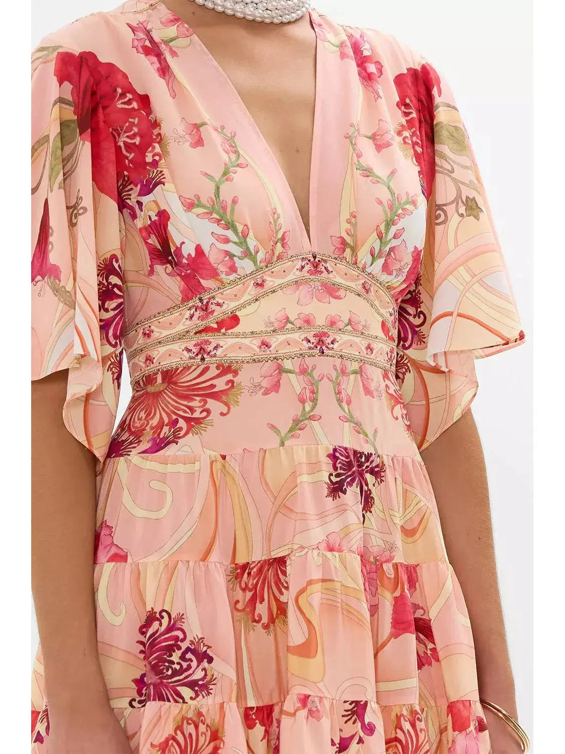 Blush Pink Floral-Printed Low-Cut Silk Mini Dress - Dresses