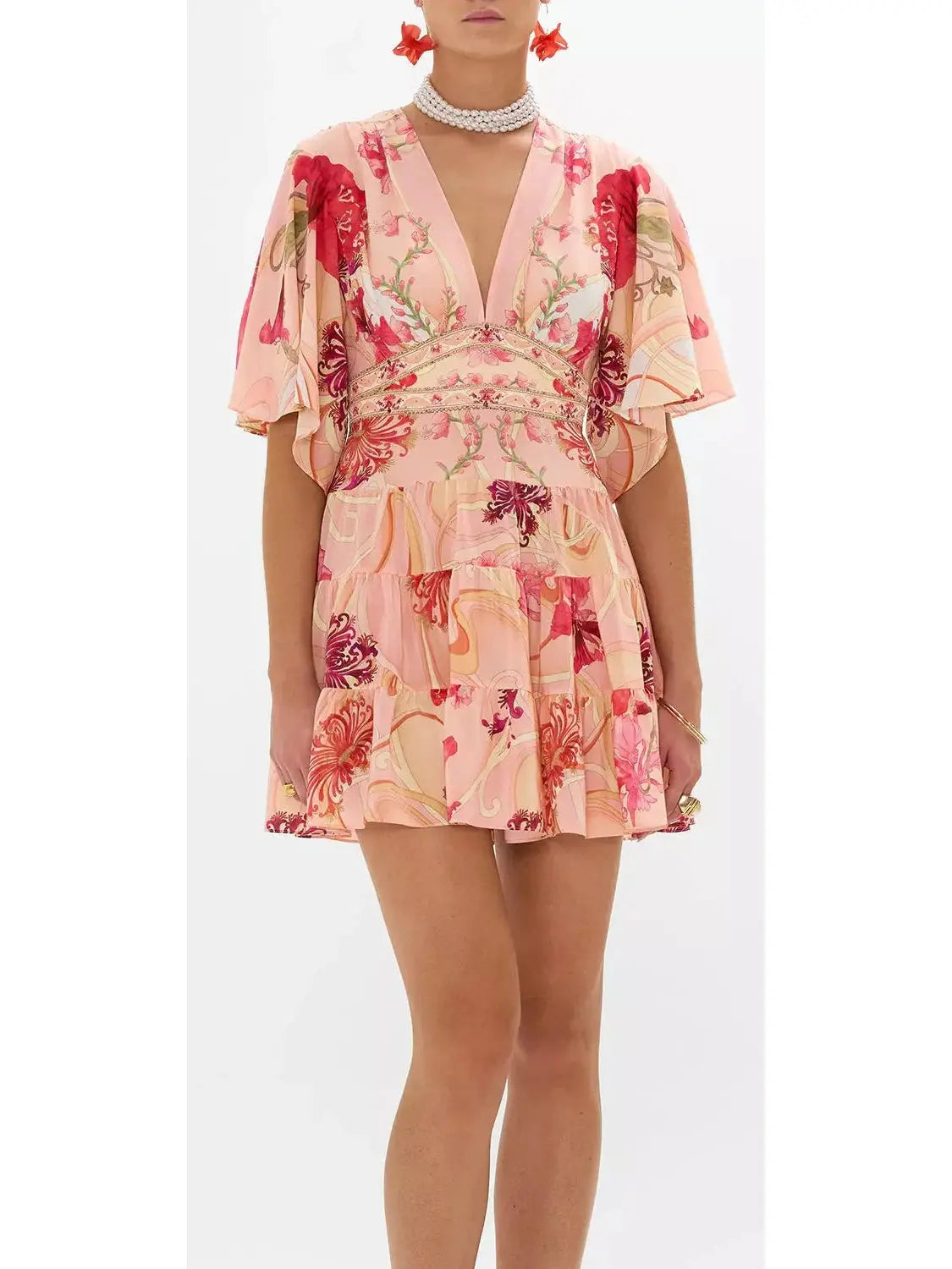 Blush Pink Floral-Printed Low-Cut Silk Mini Dress - Dresses