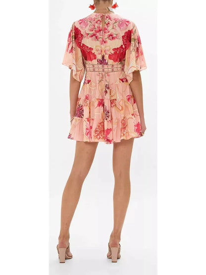 Blush Pink Floral-Printed Low-Cut Silk Mini Dress - Dresses