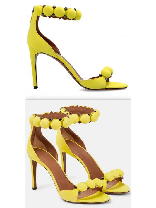 Bobble High-Heel Sandals in Yellow Suede - Footwear