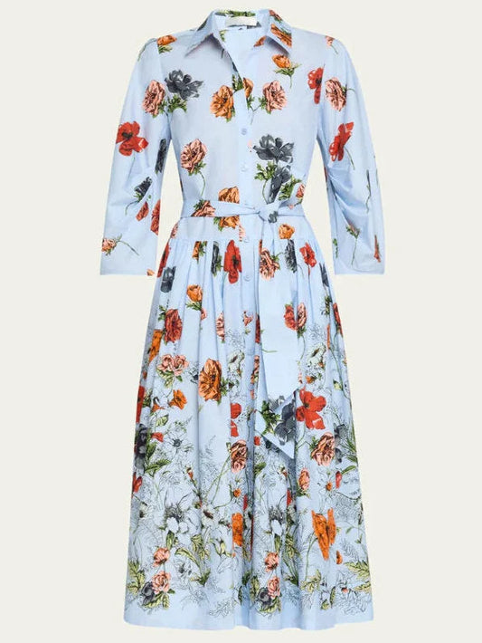 Botanical Print Light Blue Midi Shirt Dress - Dresses
