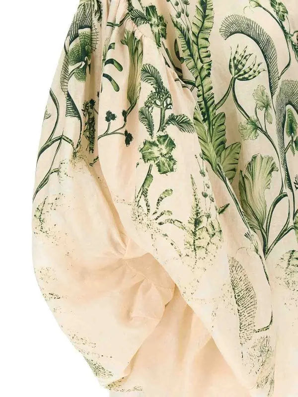 Botanical Printed Puff-Sleeve Linen Shirt - Tops