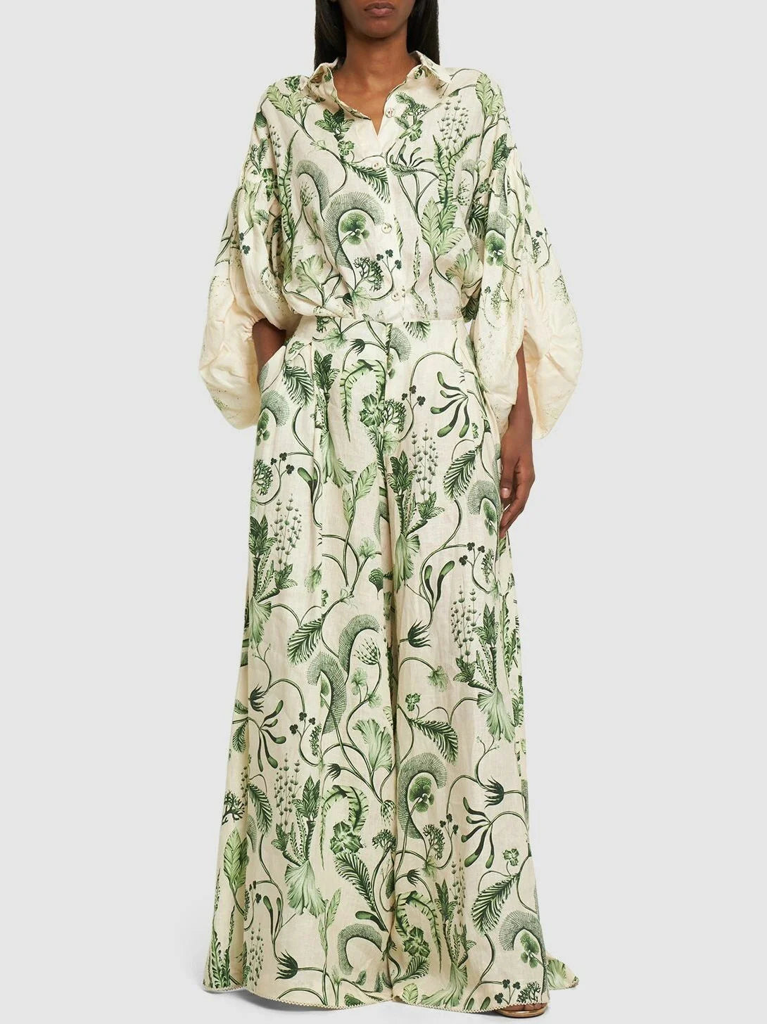 Botanical Printed Puff-Sleeve Linen Shirt - Tops
