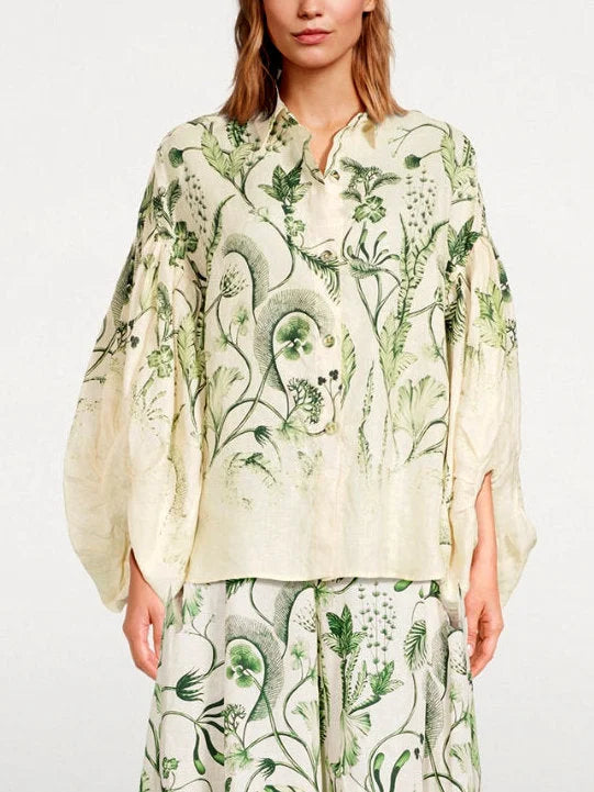 Botanical Printed Puff-Sleeve Linen Shirt - Tops