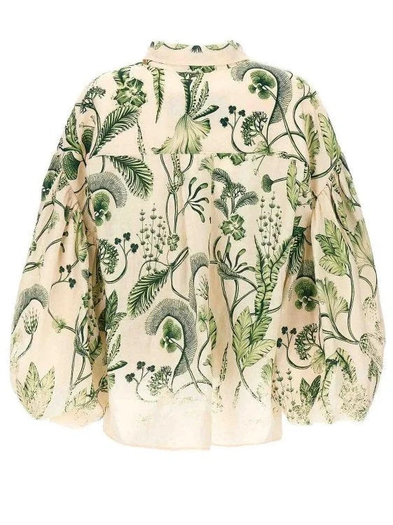 Botanical Printed Puff-Sleeve Linen Shirt - Tops