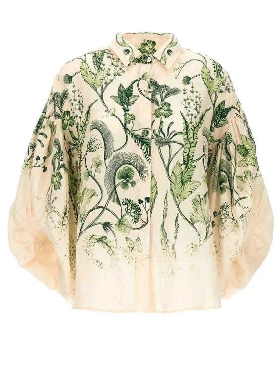 Botanical Printed Puff-Sleeve Linen Shirt - Tops