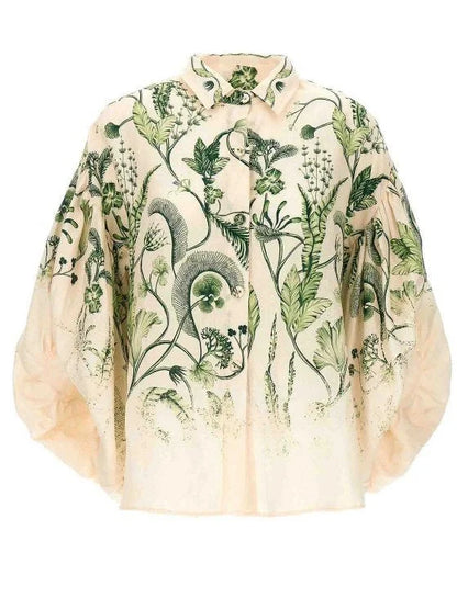 Botanical Printed Puff-Sleeve Linen Shirt - Tops