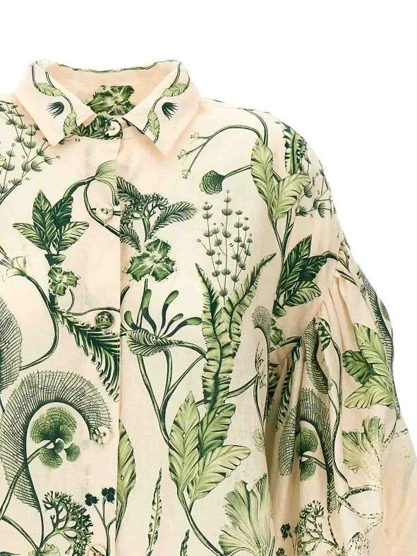 Botanical Printed Puff-Sleeve Linen Shirt - Tops