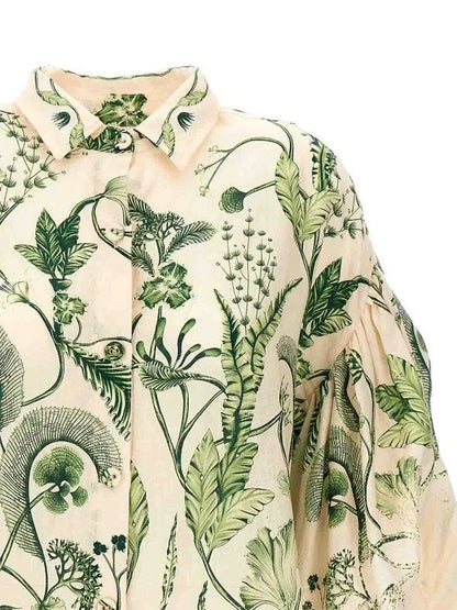 Botanical Printed Puff-Sleeve Linen Shirt - Tops