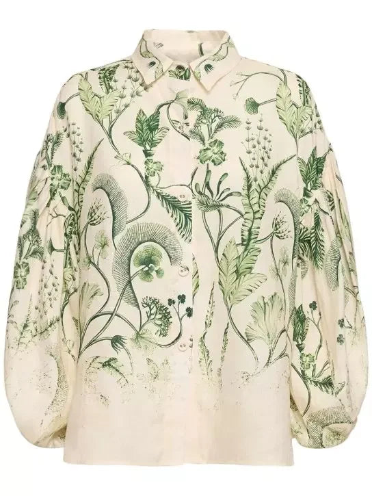 Botanical Printed Puff-Sleeve Linen Shirt - Tops