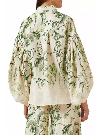 Botanical Printed Puff-Sleeve Linen Shirt - Tops