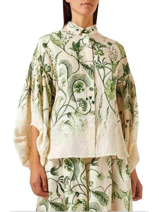 Botanical Printed Puff-Sleeve Linen Shirt - S - Tops