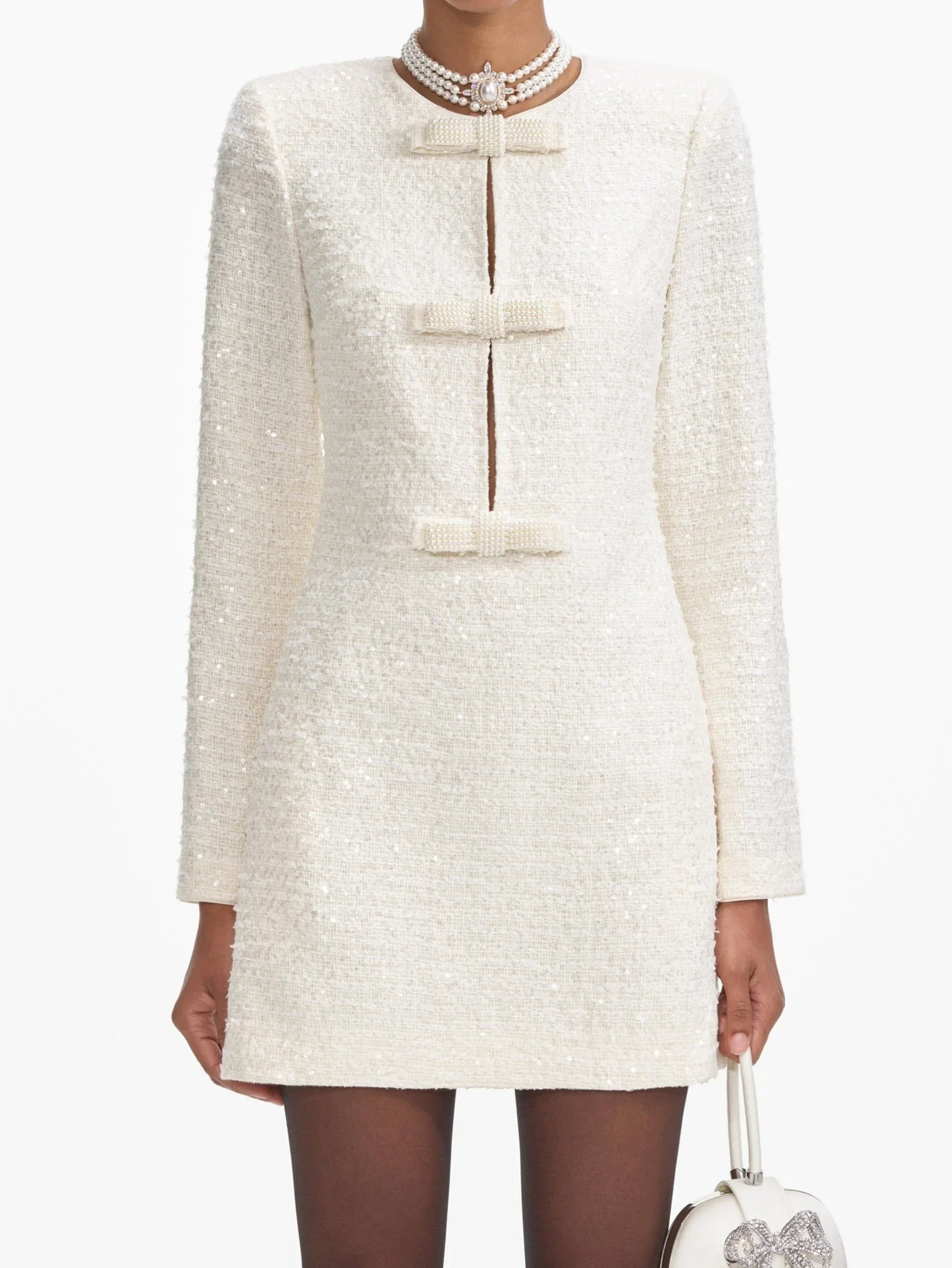 White sequined Boucle Bow-Embellished Tweed Mini Dress with stylish bow details