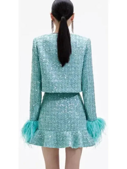 Boucle Feather Jacket and Skirt Set - Suits & Sets