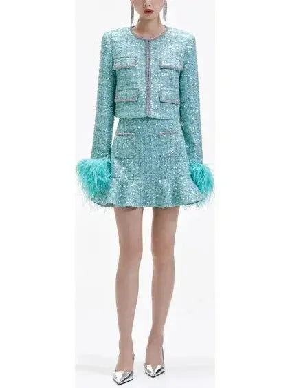 Boucle Feather Jacket and Skirt Set - small - Suits & Sets