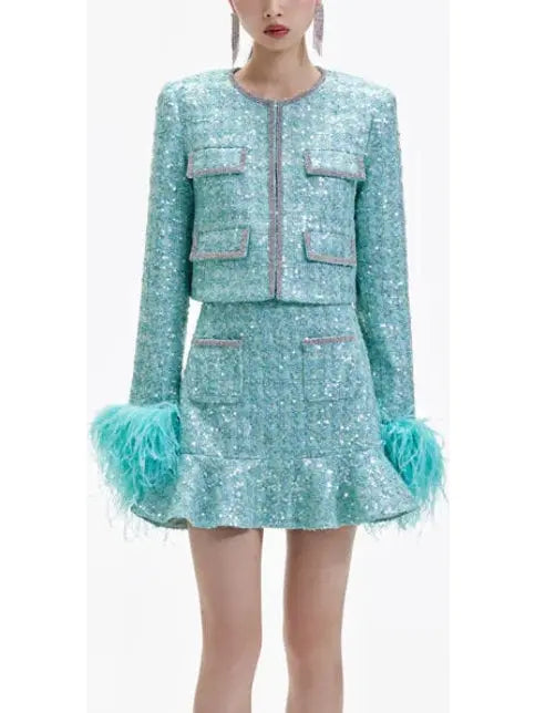 Boucle Feather Jacket and Skirt Set - Suits & Sets