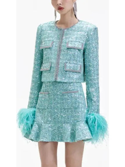 Boucle Feather Jacket and Skirt Set - Suits & Sets