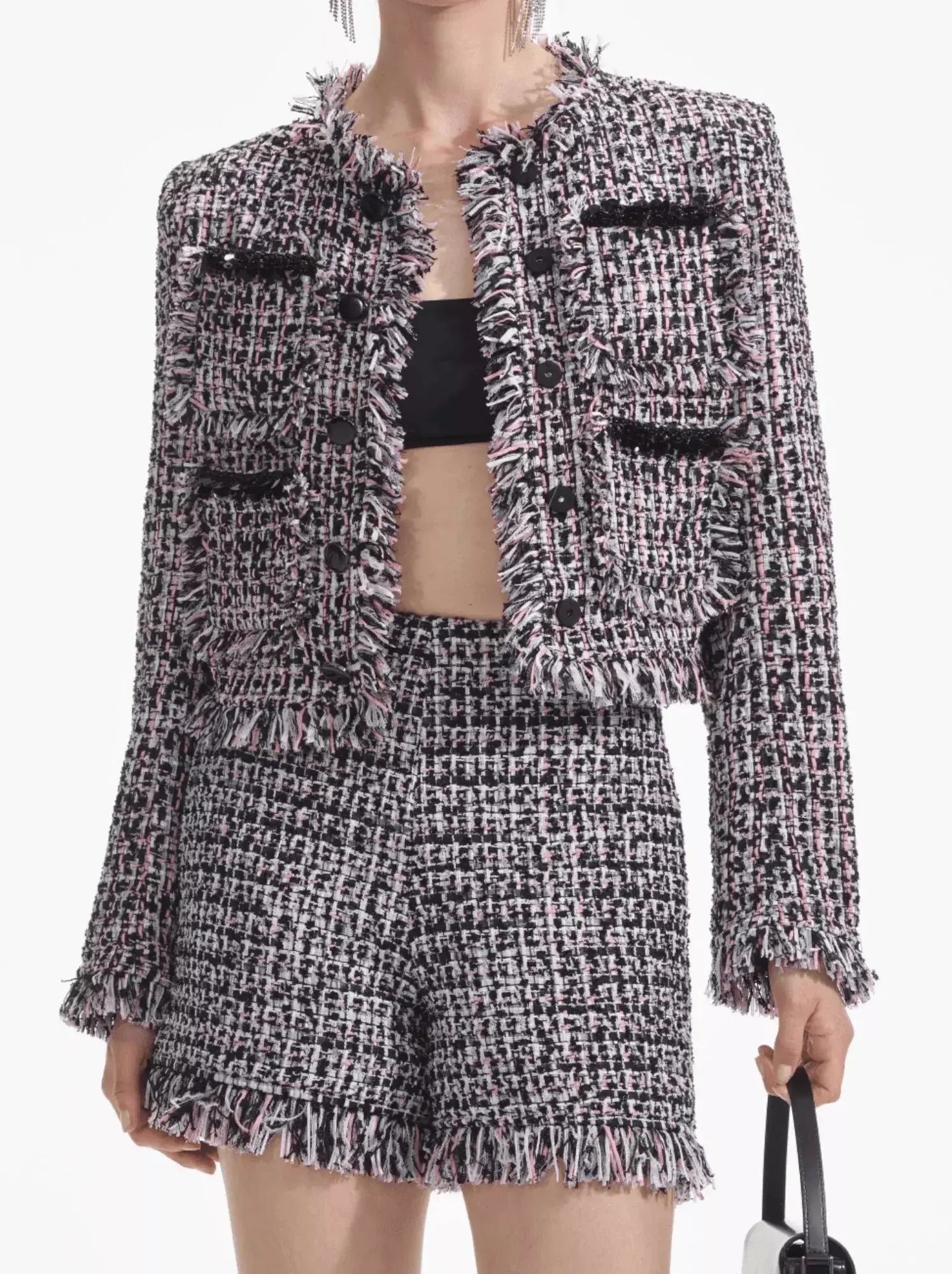 Boucle Fringed Tweed Jacket and Short Set with Black Embellished Trim - Suits & Sets