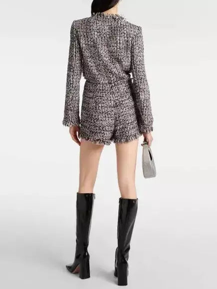 Boucle Fringed Tweed Jacket and Short Set with Black Embellished Trim - Suits & Sets