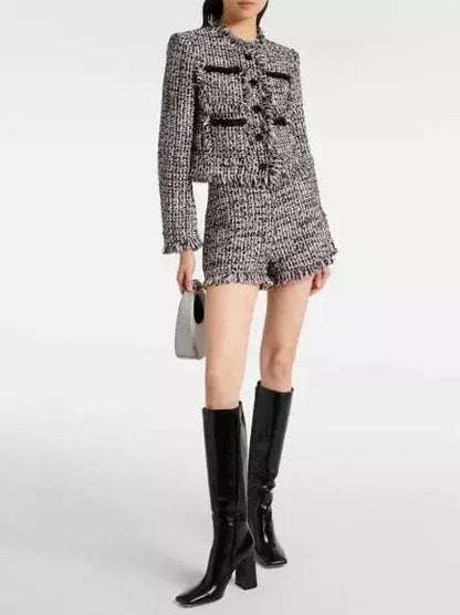 Boucle Fringed Tweed Jacket and Short Set with Black Embellished Trim - Suits & Sets