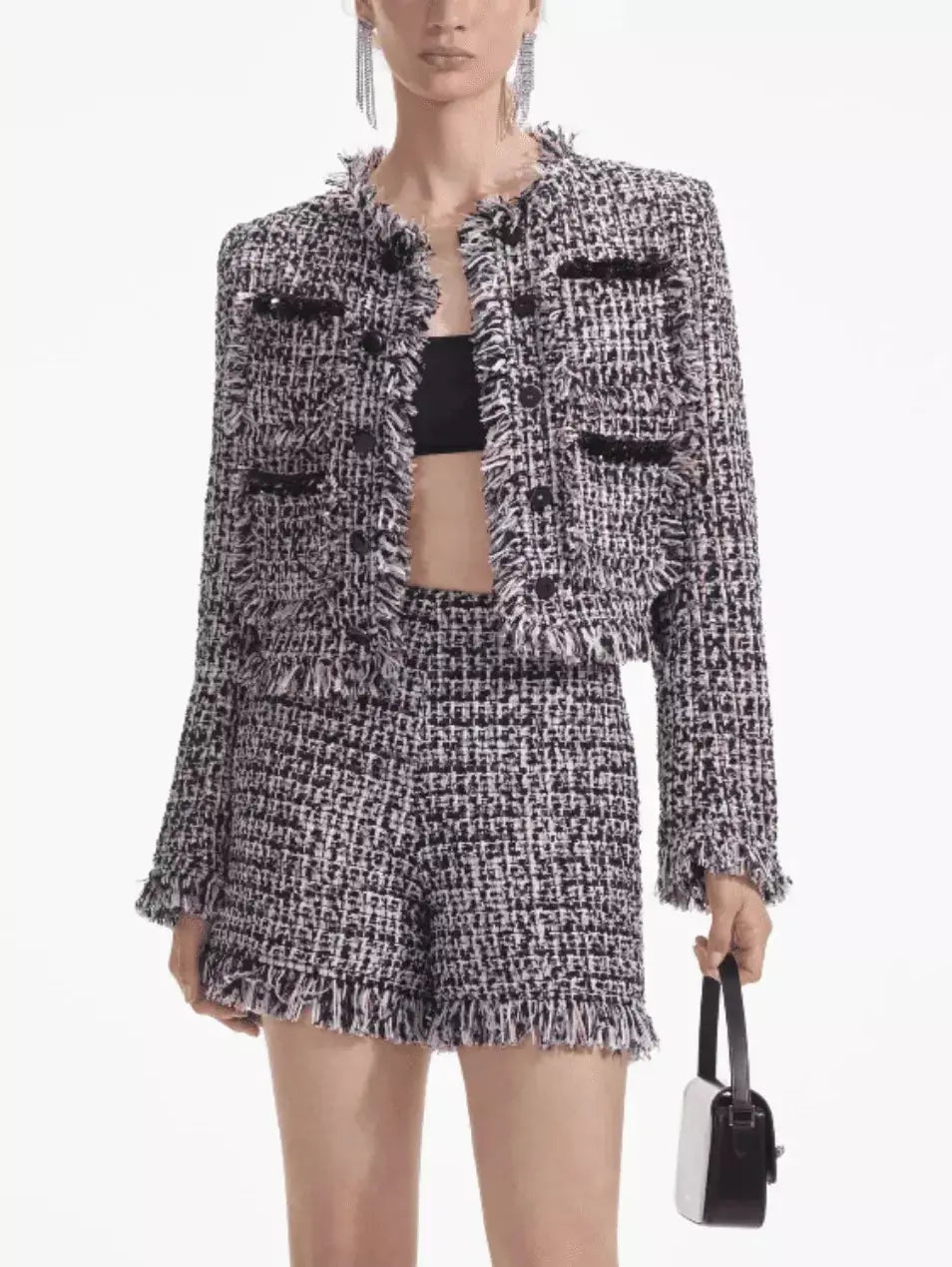 Boucle Fringed Tweed Jacket and Short Set with Black Embellished Trim - Suits & Sets