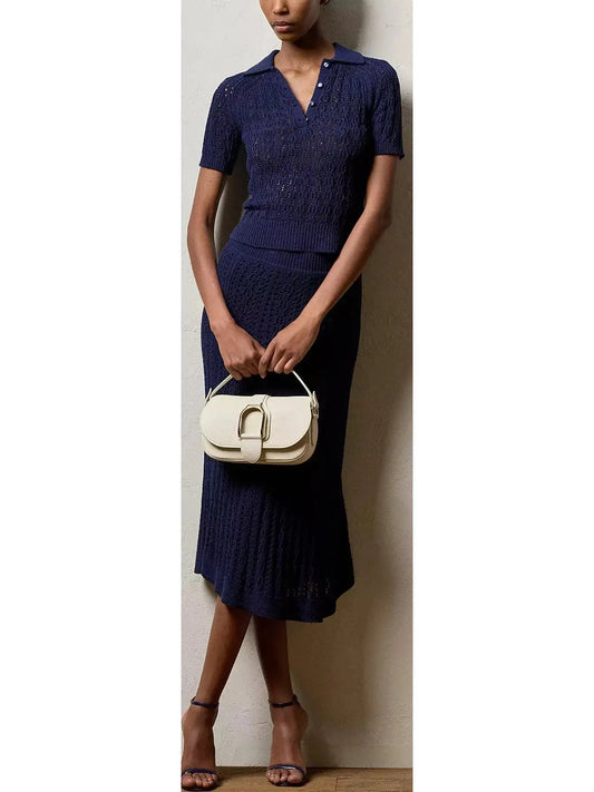 Boucle Short-Sleeve Polo Jumper and Skirt Set Navy Blue - small - Suits & Sets