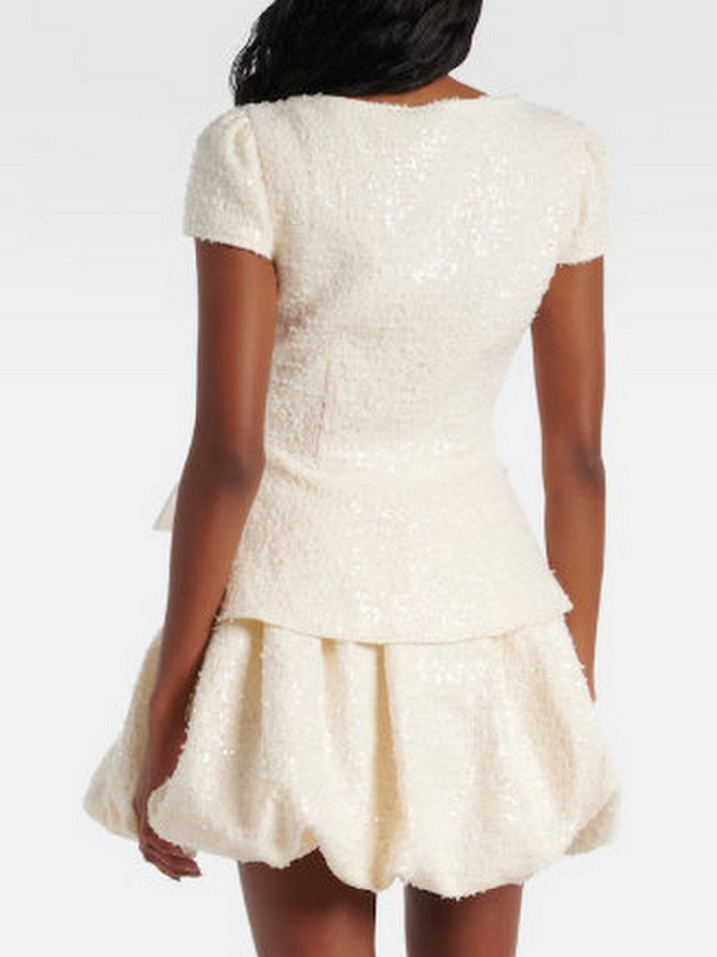 Bouclé Tweed Mini Dress with Rose and Bow Detail in elegant white tweed skirt suit design