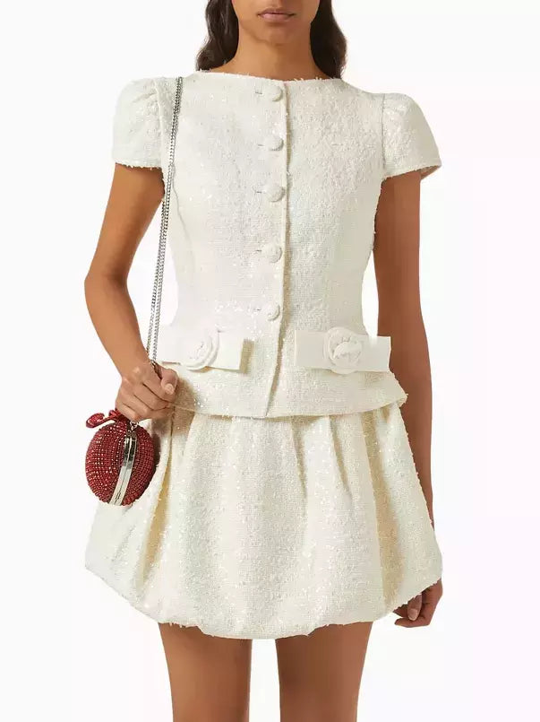 White Bouclé Tweed Mini Dress with Rose and Bow Detail for stylish occasions