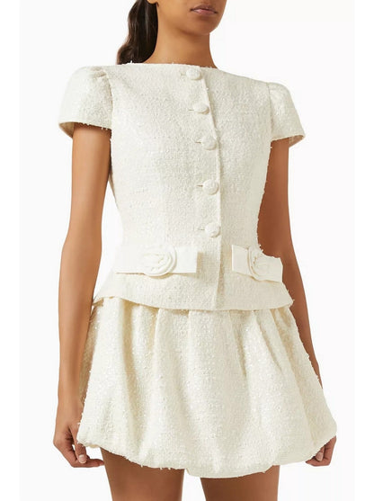 Elegant Bouclé Tweed Mini Dress featuring Rose and Bow Detail in White Skirt Suit