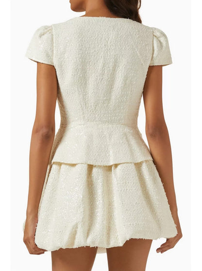 Ivory Bouclé Tweed Mini Dress with rose and bow detail for stylish occasions