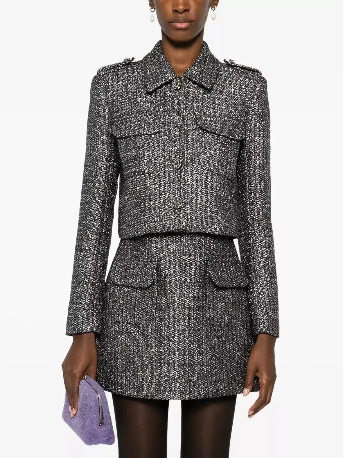 Boucle Tween Metallic Short Jacket and Skirt Set - Suits & Sets