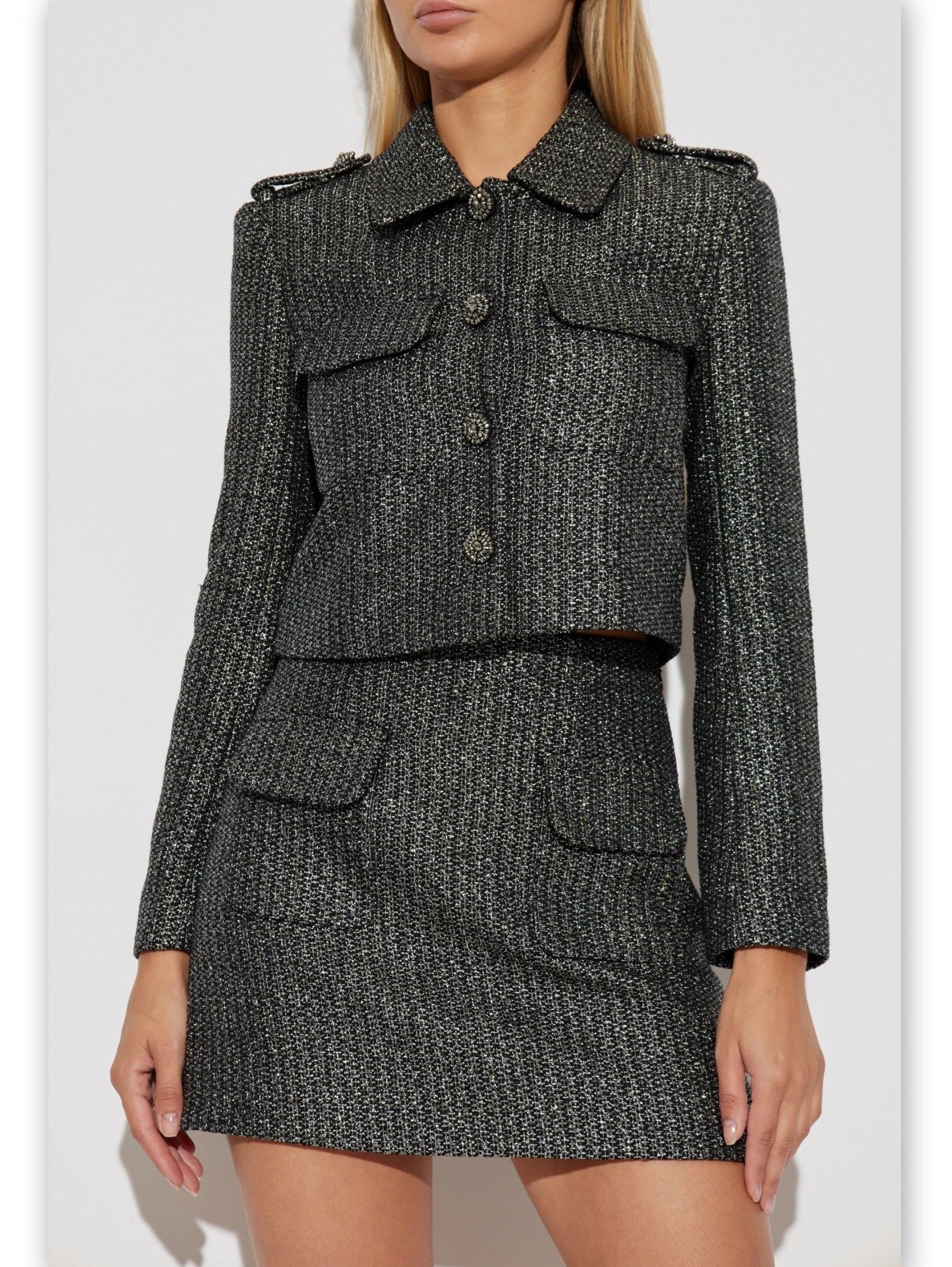 Boucle Tween Metallic Short Jacket and Skirt Set - Suits & Sets