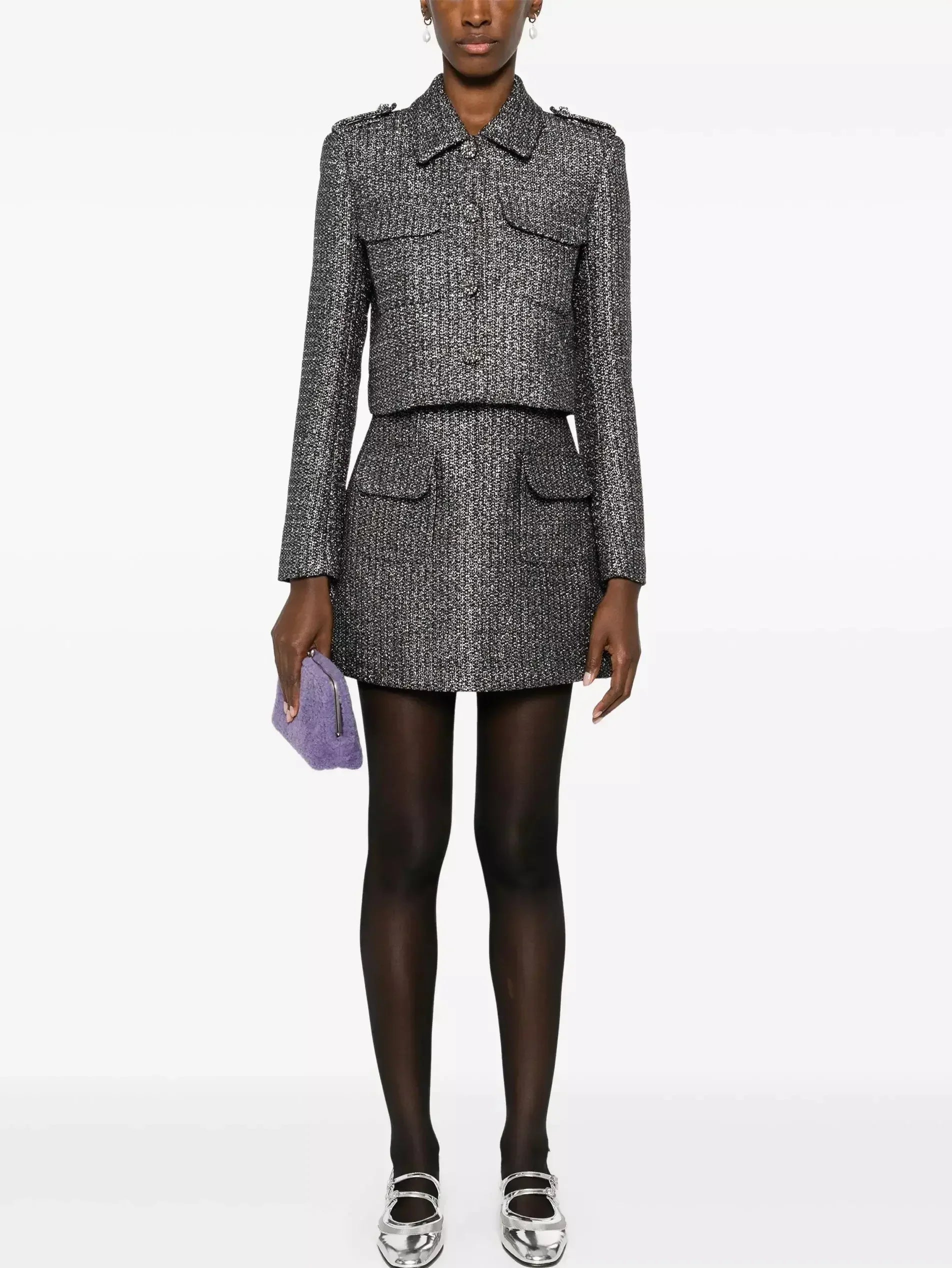 Boucle Tween Metallic Short Jacket and Skirt Set - Suits & Sets