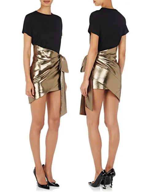 Bow-Accented Gold Lamé Mini Skirt - Skirts