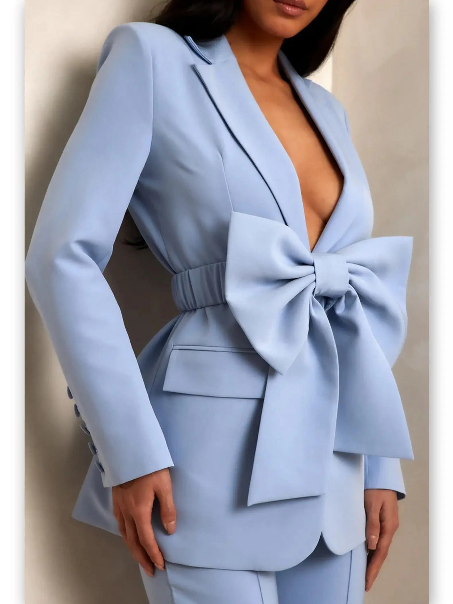 Bow-Belted Single-Breasted Blazer in Light Blue - Jackets