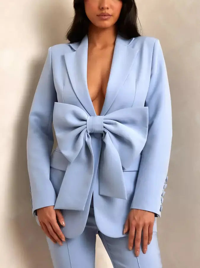 Bow-Belted Single-Breasted Blazer in Light Blue - Jackets