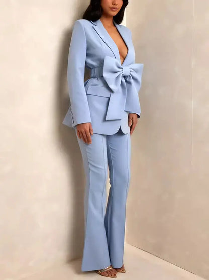 Bow-Belted Single-Breasted Blazer in Light Blue - Jackets