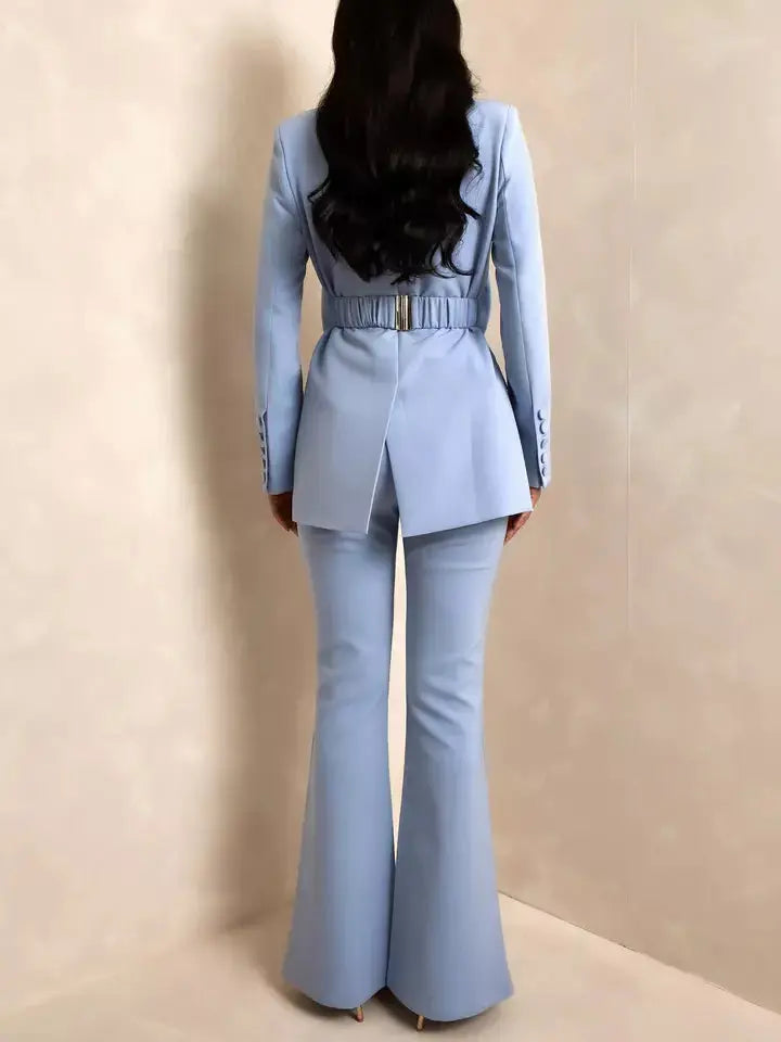 Bow-Belted Single-Breasted Blazer in Light Blue - Jackets