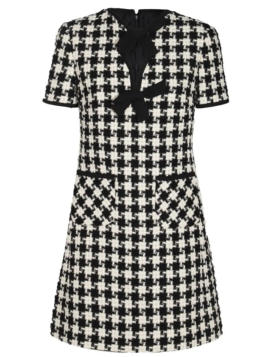 Bow-Detail Black and White Houndstooth Tweed Mini Dress - Dresses