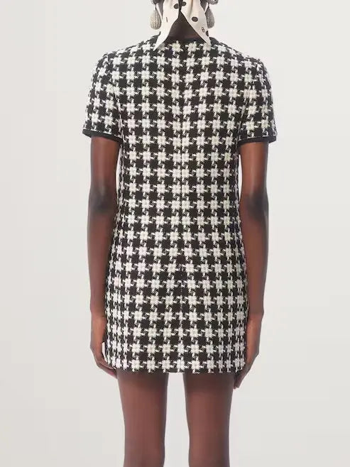 Bow-Detail Black and White Houndstooth Tweed Mini Dress - Dresses