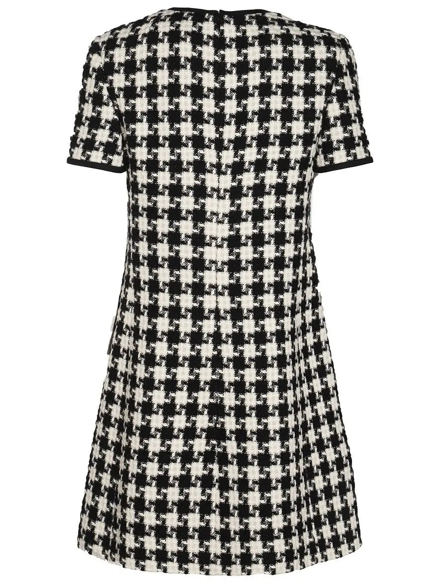 Bow-Detail Black and White Houndstooth Tweed Mini Dress - Dresses