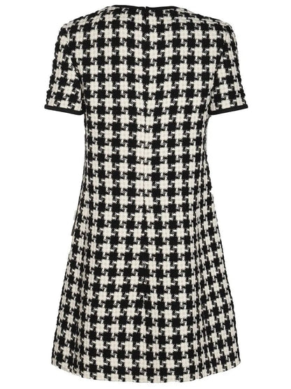 Bow-Detail Black and White Houndstooth Tweed Mini Dress - Dresses