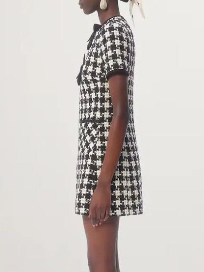 Bow-Detail Black and White Houndstooth Tweed Mini Dress - Dresses